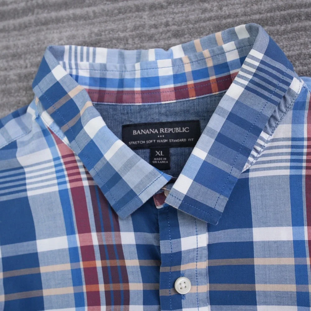 Banana Republic Mens XL Blue Red Plaid Stretch‎ Soft Wash Standard Fit Shirt